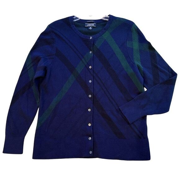 LANDS END Blackwatch Plaid Cardigan Sweater Womens Sz 1X Button Up Supima Cotton - Picture 7 of 12